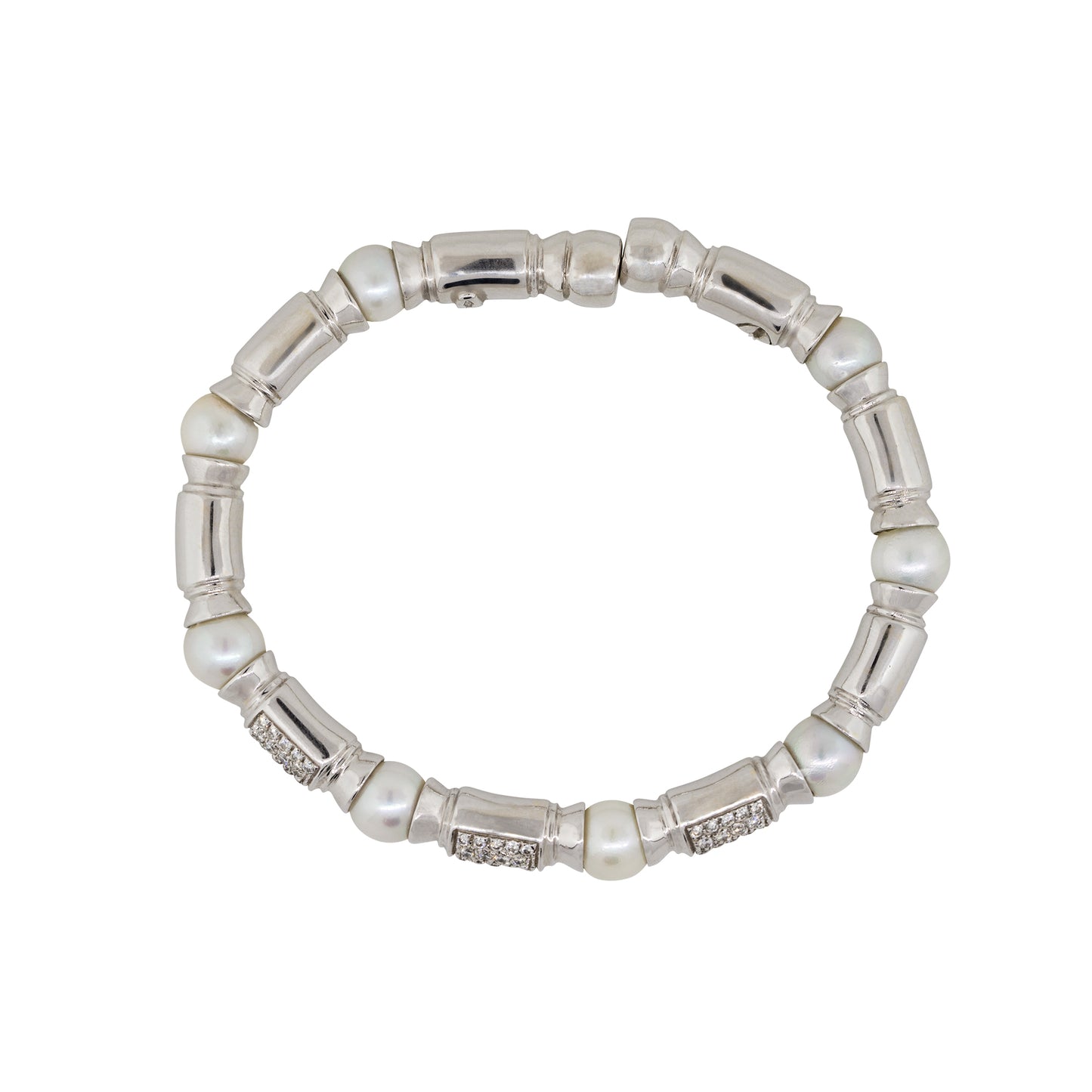 18k White Gold 0.75ctw Diamond Pearl Open Cuff Bangle Bracelet