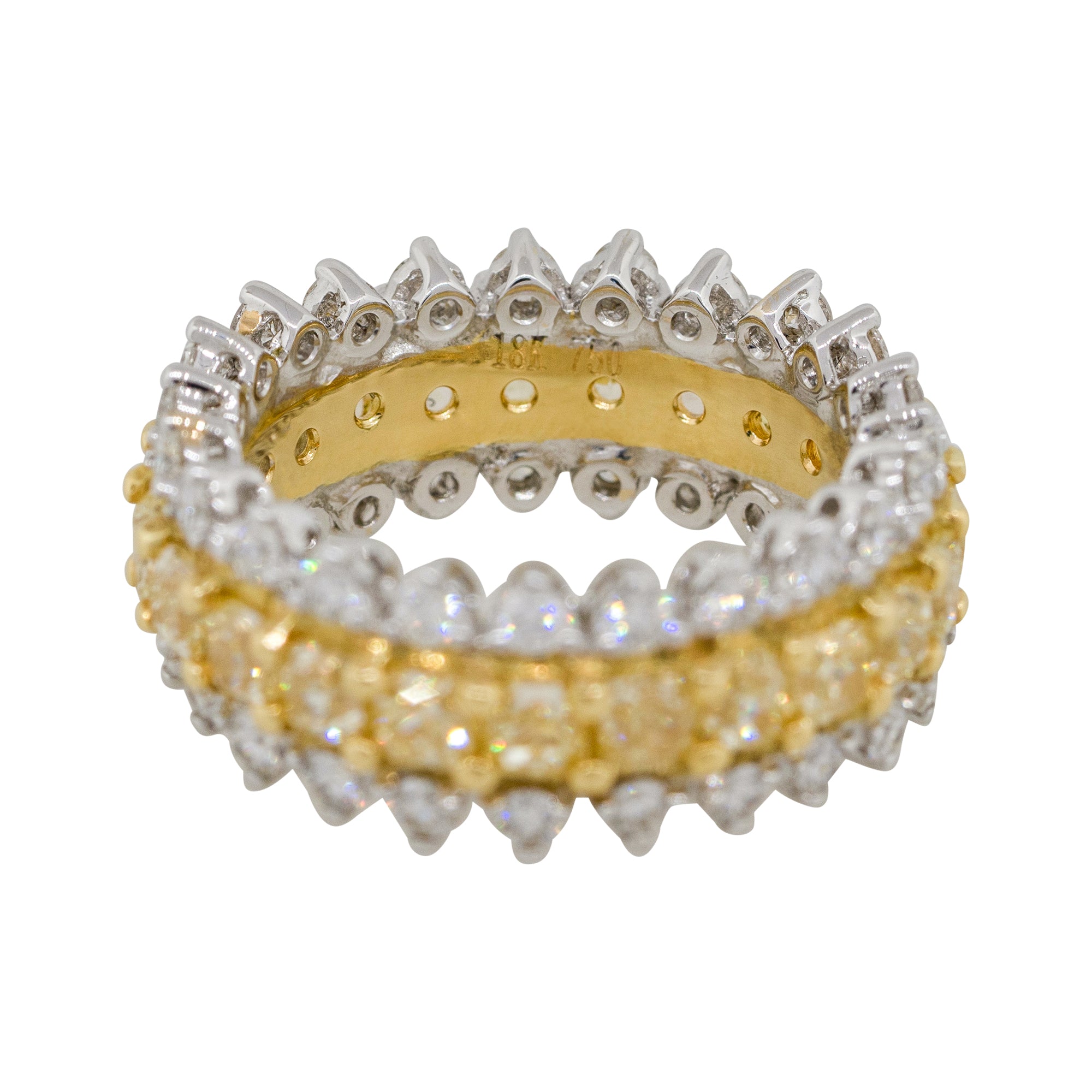 18k Two Tone 4.62ctw White & Yellow Diamond Three Row Ring