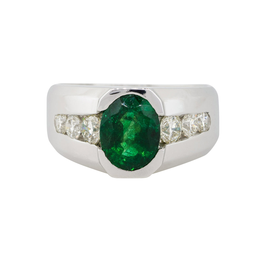 14k White Gold 3.05ct Oval Emerald Center Wide Mens Ring With Diamonds