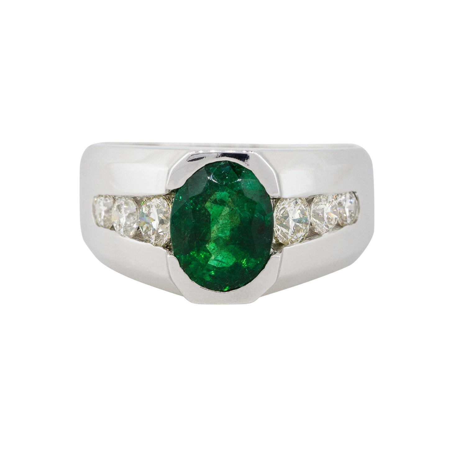 14k White Gold 3.05ct Oval Emerald Center Wide Mens Ring With Diamonds