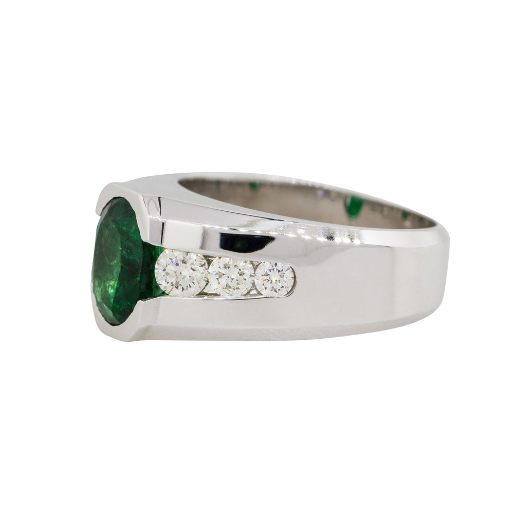 14k White Gold 3.05ct Oval Emerald Center Wide Mens Ring With Diamonds
