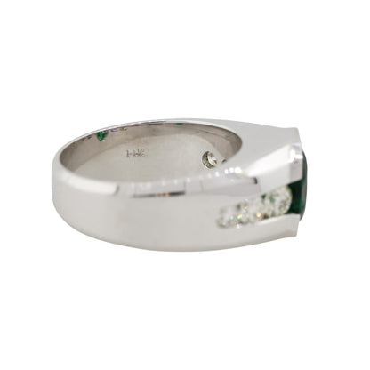 14k White Gold 3.05ct Oval Emerald Center Wide Mens Ring With Diamonds