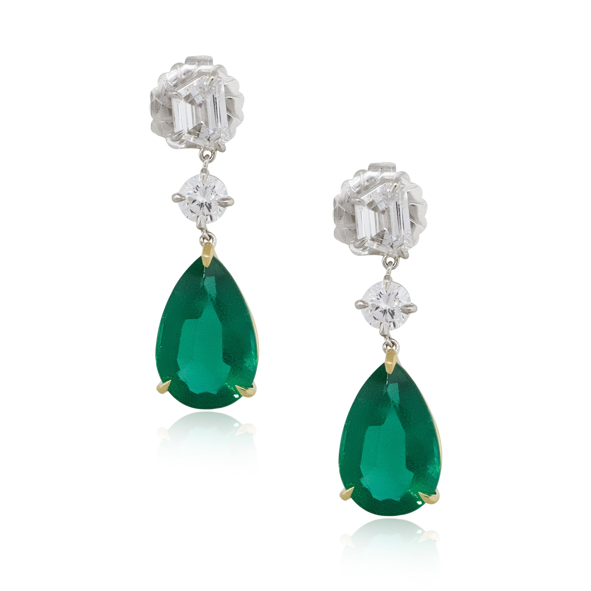 14k White Gold 11.50ct Pear Shape Emerald Diamond Dangle Earrings