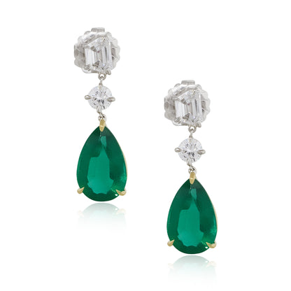 14k White Gold 11.50ct Pear Shape Emerald Diamond Dangle Earrings