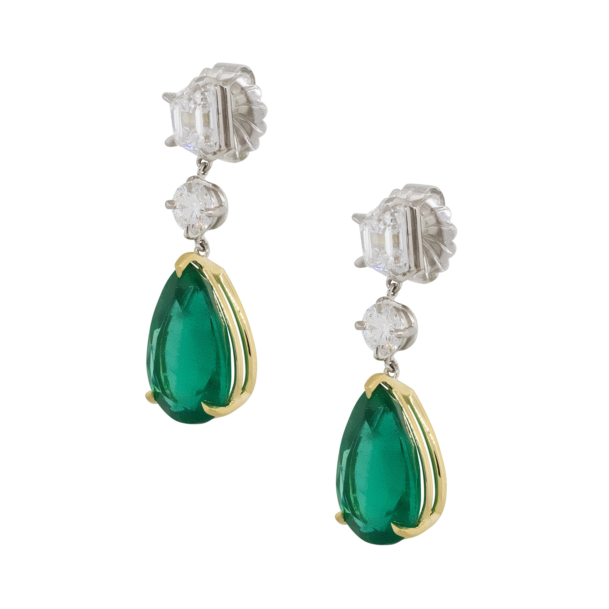 14k White Gold 11.50ct Pear Shape Emerald Diamond Dangle Earrings