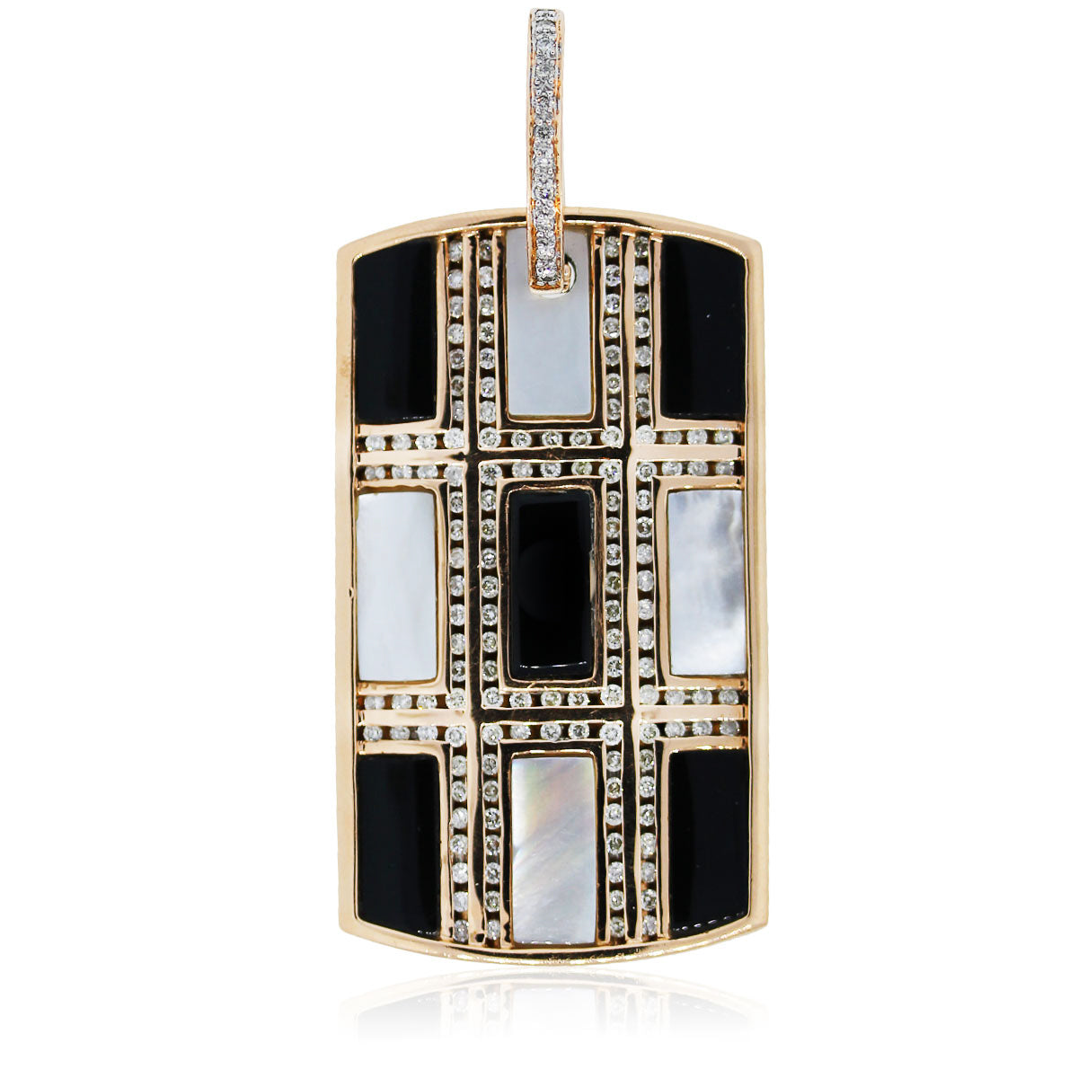 14k Rose Gold Natural Diamond, Onyx, and Mother Of Pearl Dog Tag
