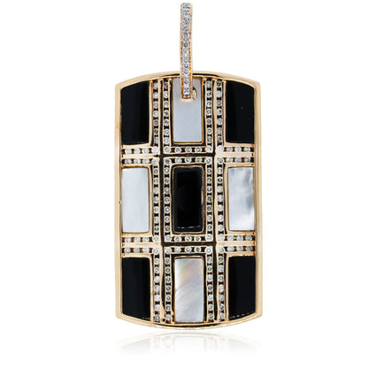 14k Rose Gold Natural Diamond, Onyx, and Mother Of Pearl Dog Tag