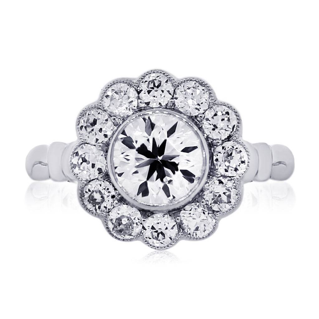 Platinum 1.15ct Old European Cut Diamond Flower Engagement Ring