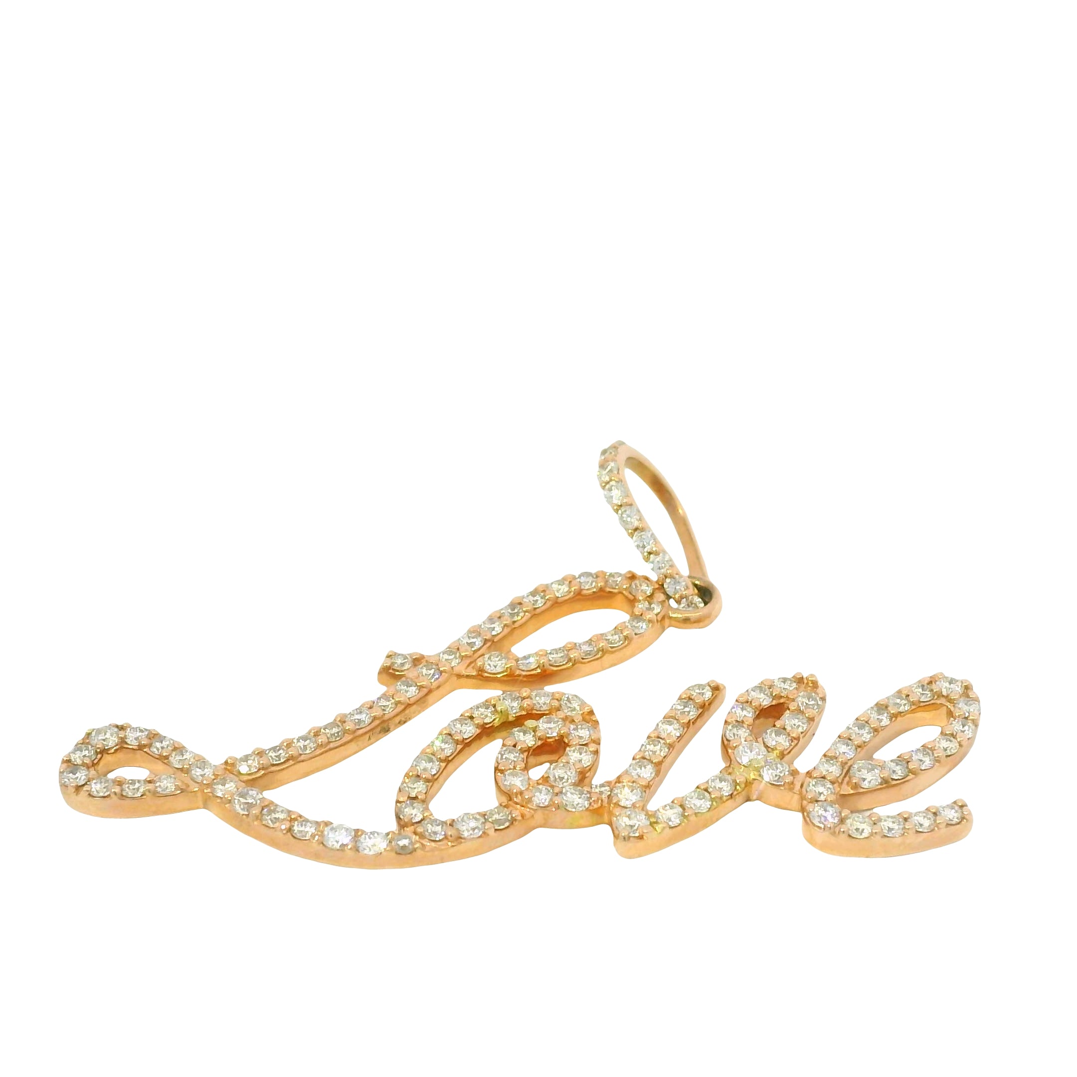 14K Rose Gold Natura Round Brilliant Cut Diamond Pave Script "Love" Pendant Necklace
