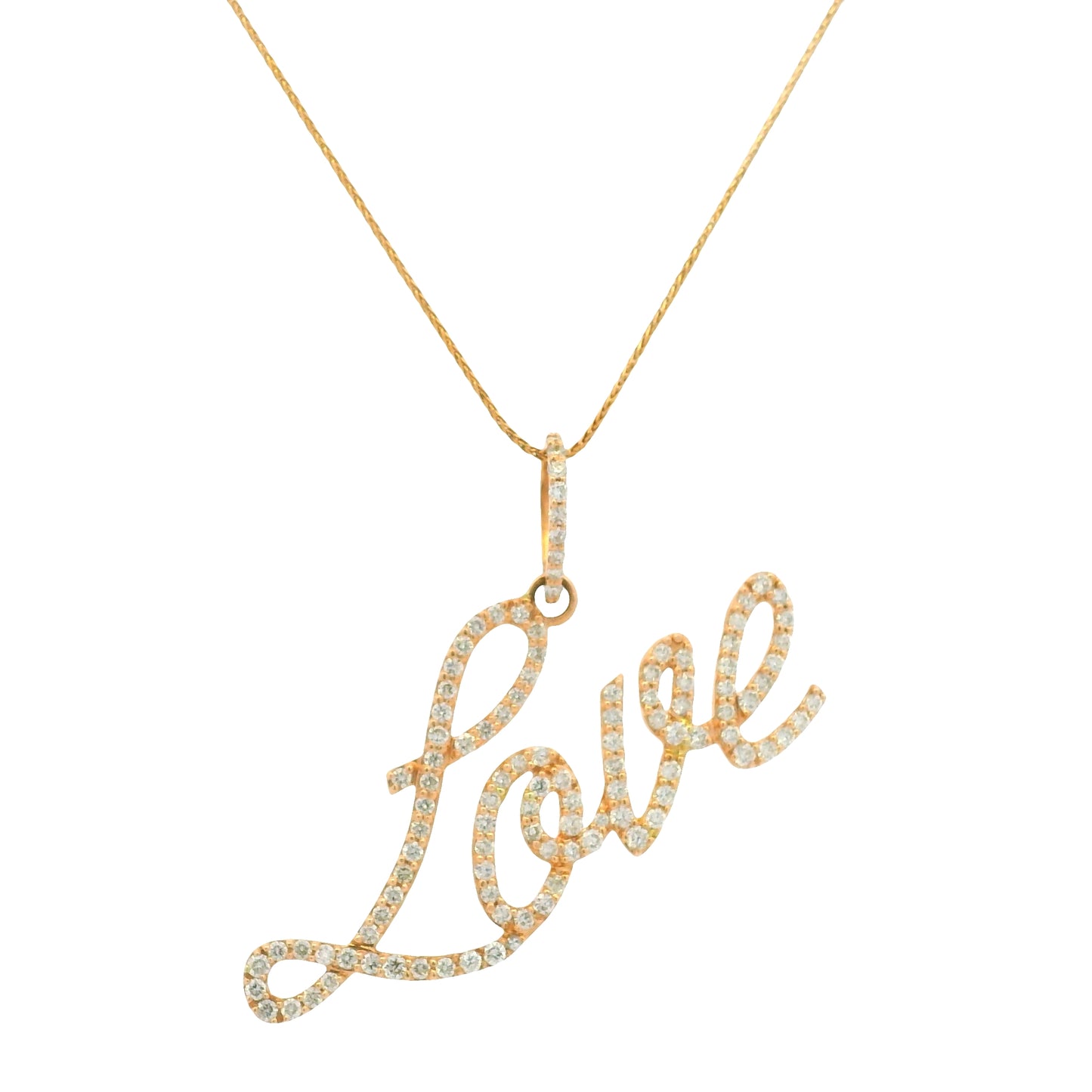 14K Rose Gold Natura Round Brilliant Cut Diamond Pave Script "Love" Pendant Necklace
