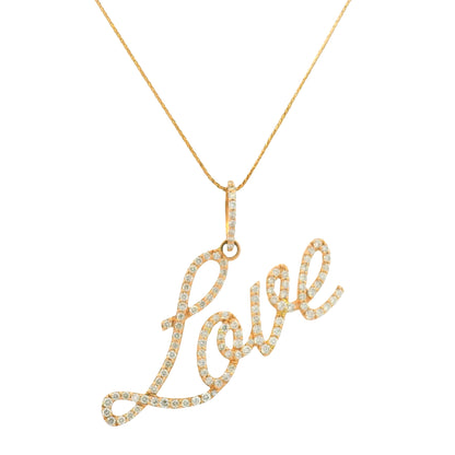 14K Rose Gold Natura Round Brilliant Cut Diamond Pave Script "Love" Pendant Necklace