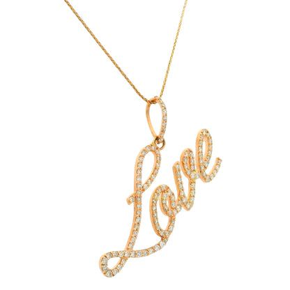 14K Rose Gold Natura Round Brilliant Cut Diamond Pave Script "Love" Pendant Necklace