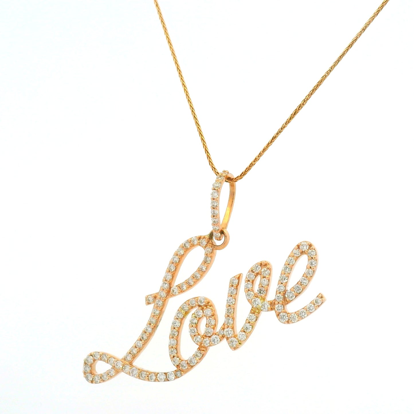 14K Rose Gold Natura Round Brilliant Cut Diamond Pave Script "Love" Pendant Necklace