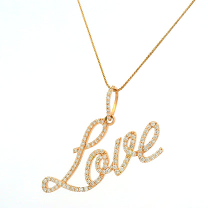 14K Rose Gold Natura Round Brilliant Cut Diamond Pave Script "Love" Pendant Necklace