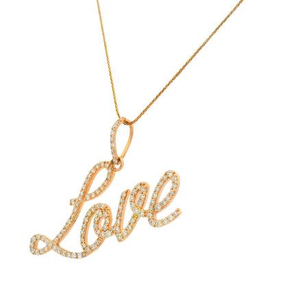 14K Rose Gold Natura Round Brilliant Cut Diamond Pave Script "Love" Pendant Necklace