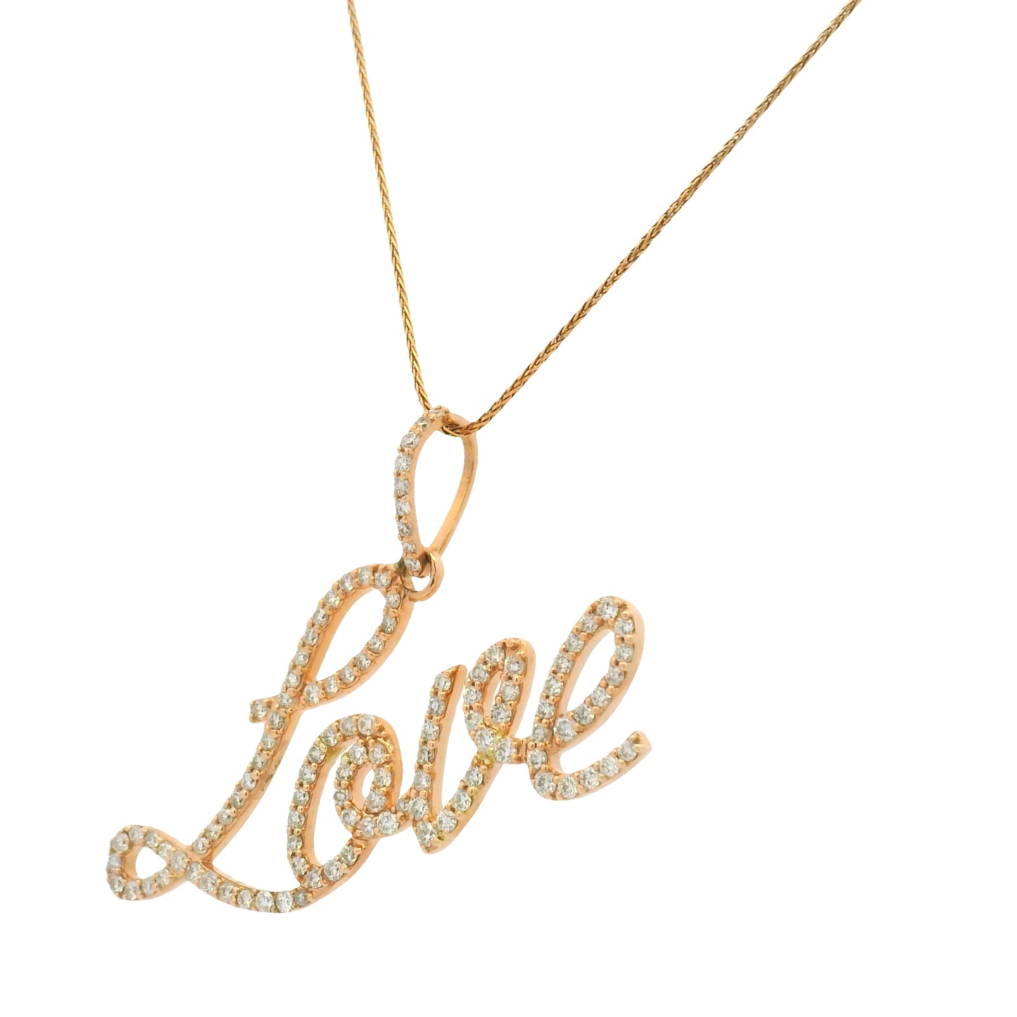 14K Rose Gold Natura Round Brilliant Cut Diamond Pave Script "Love" Pendant Necklace