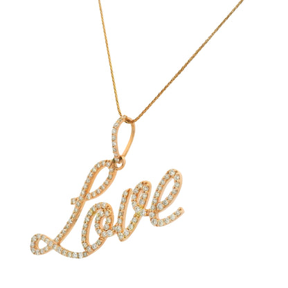 14K Rose Gold Natura Round Brilliant Cut Diamond Pave Script "Love" Pendant Necklace