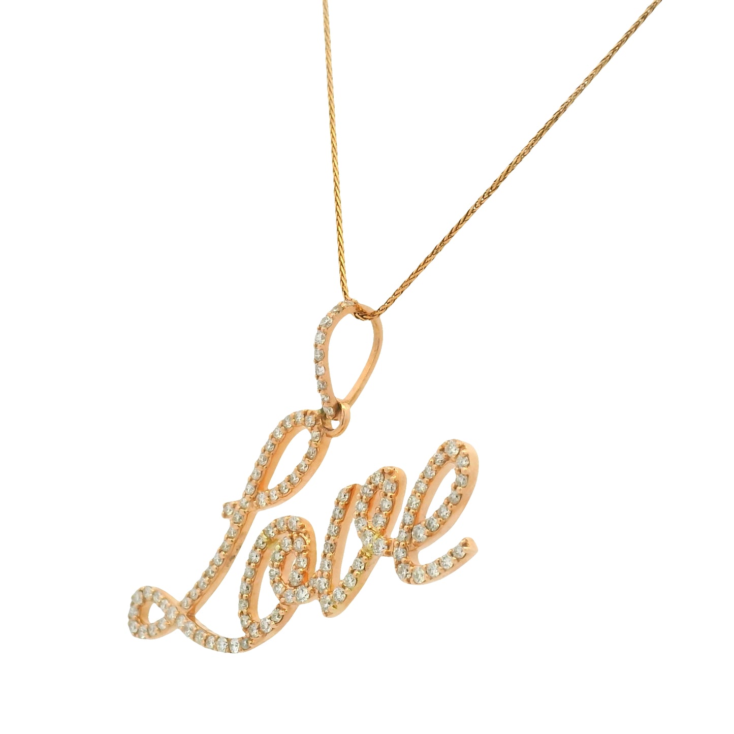 14K Rose Gold Natura Round Brilliant Cut Diamond Pave Script "Love" Pendant Necklace