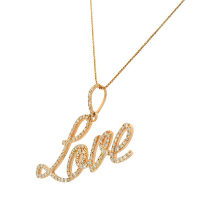 14K Rose Gold Natura Round Brilliant Cut Diamond Pave Script "Love" Pendant Necklace