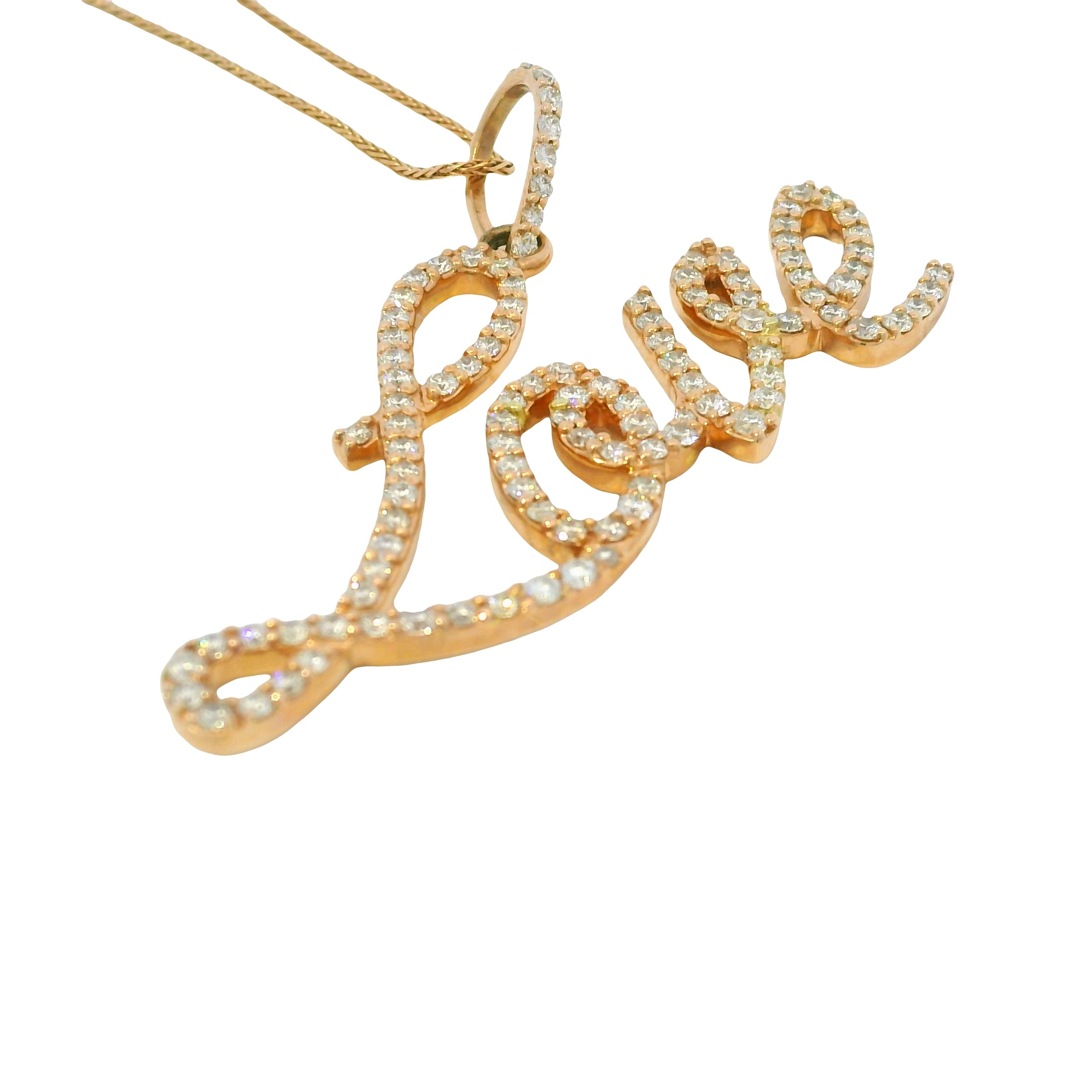 14K Rose Gold Natura Round Brilliant Cut Diamond Pave Script "Love" Pendant Necklace