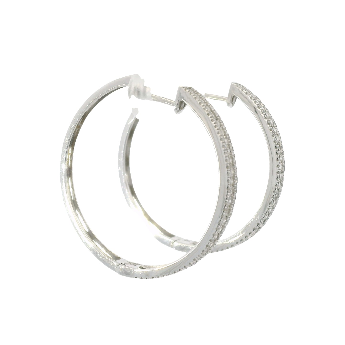 14K White Gold Natural 1.06 Carats Round Brilliant Cut Diamond Hoop Earrings