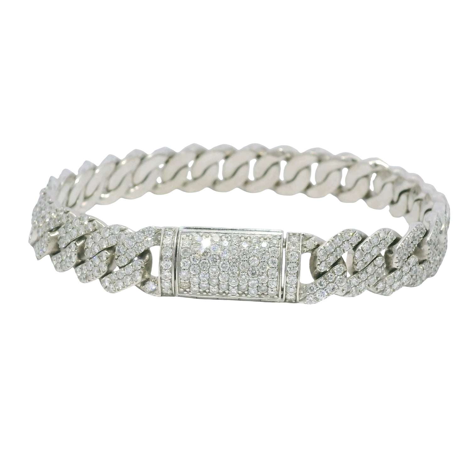 14k White Gold Natural 7.61 Carat Round Brilliant Diamond Pave Cuban Link Bracelet