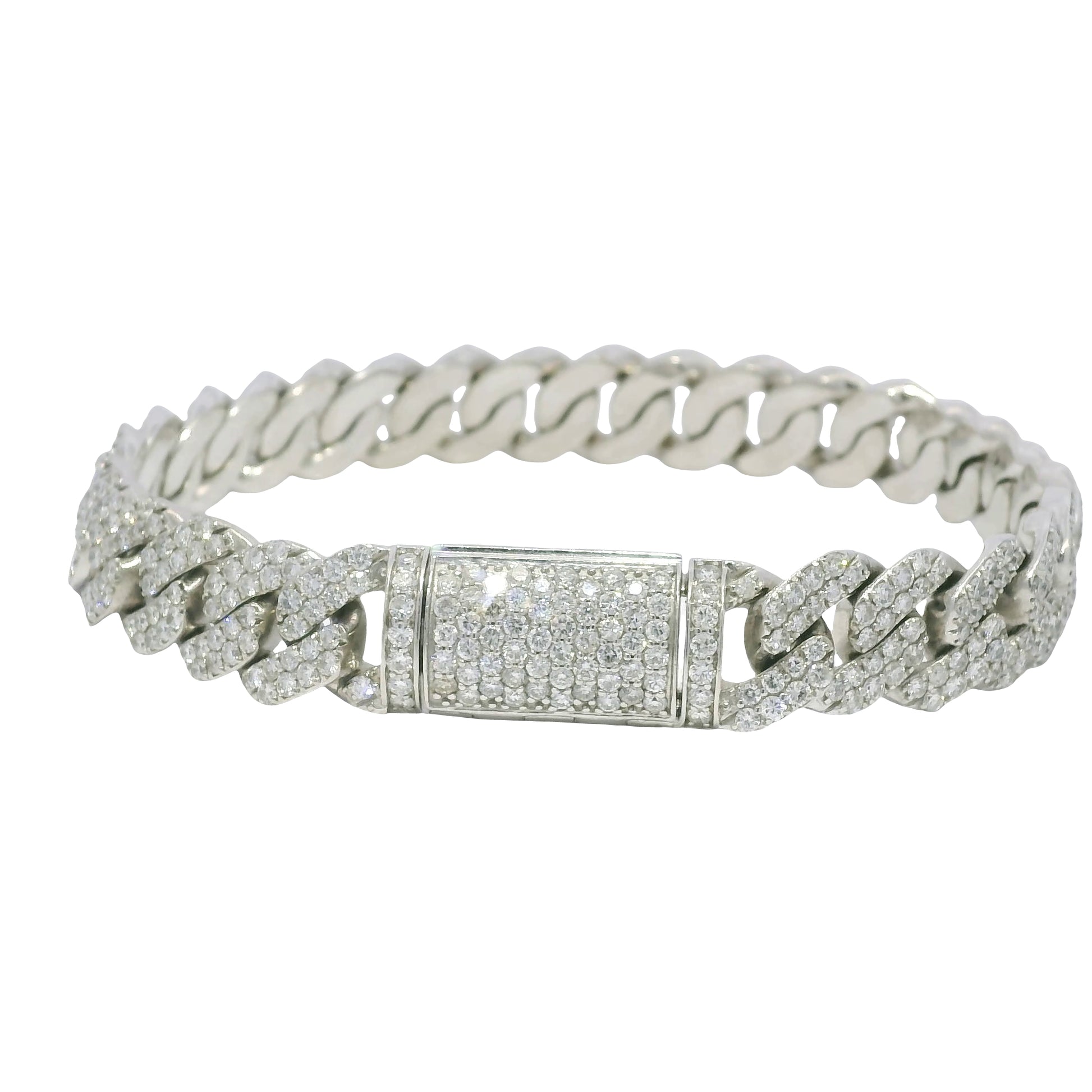 14k White Gold Natural 7.61 Carat Round Brilliant Diamond Pave Cuban Link Bracelet