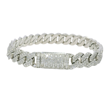 14k White Gold Natural 7.61 Carat Round Brilliant Diamond Pave Cuban Link Bracelet
