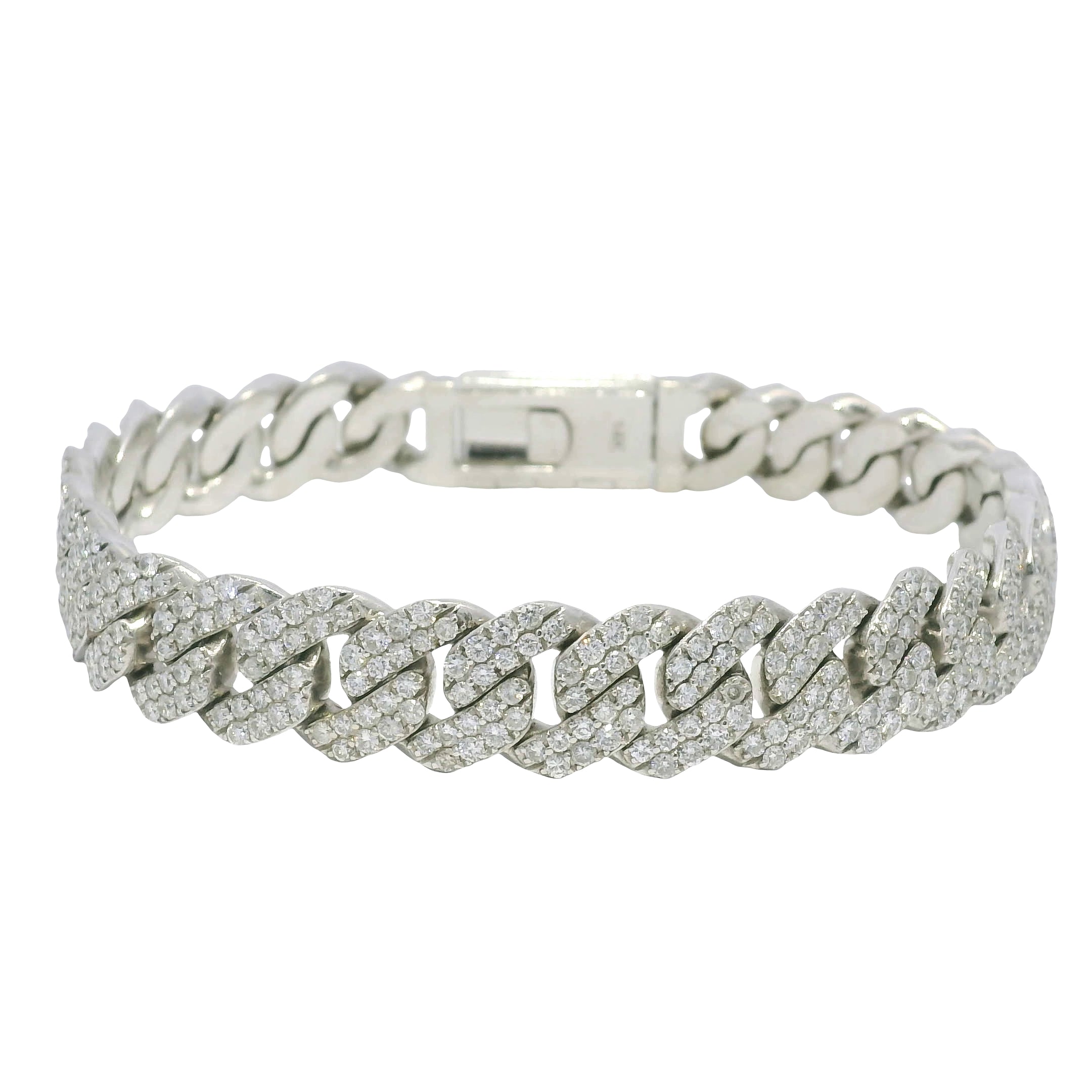 14k White Gold Natural 7.61 Carat Round Brilliant Diamond Pave Cuban Link Bracelet