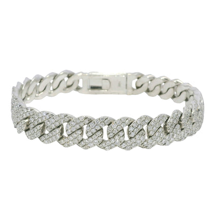 14k White Gold Natural 7.61 Carat Round Brilliant Diamond Pave Cuban Link Bracelet