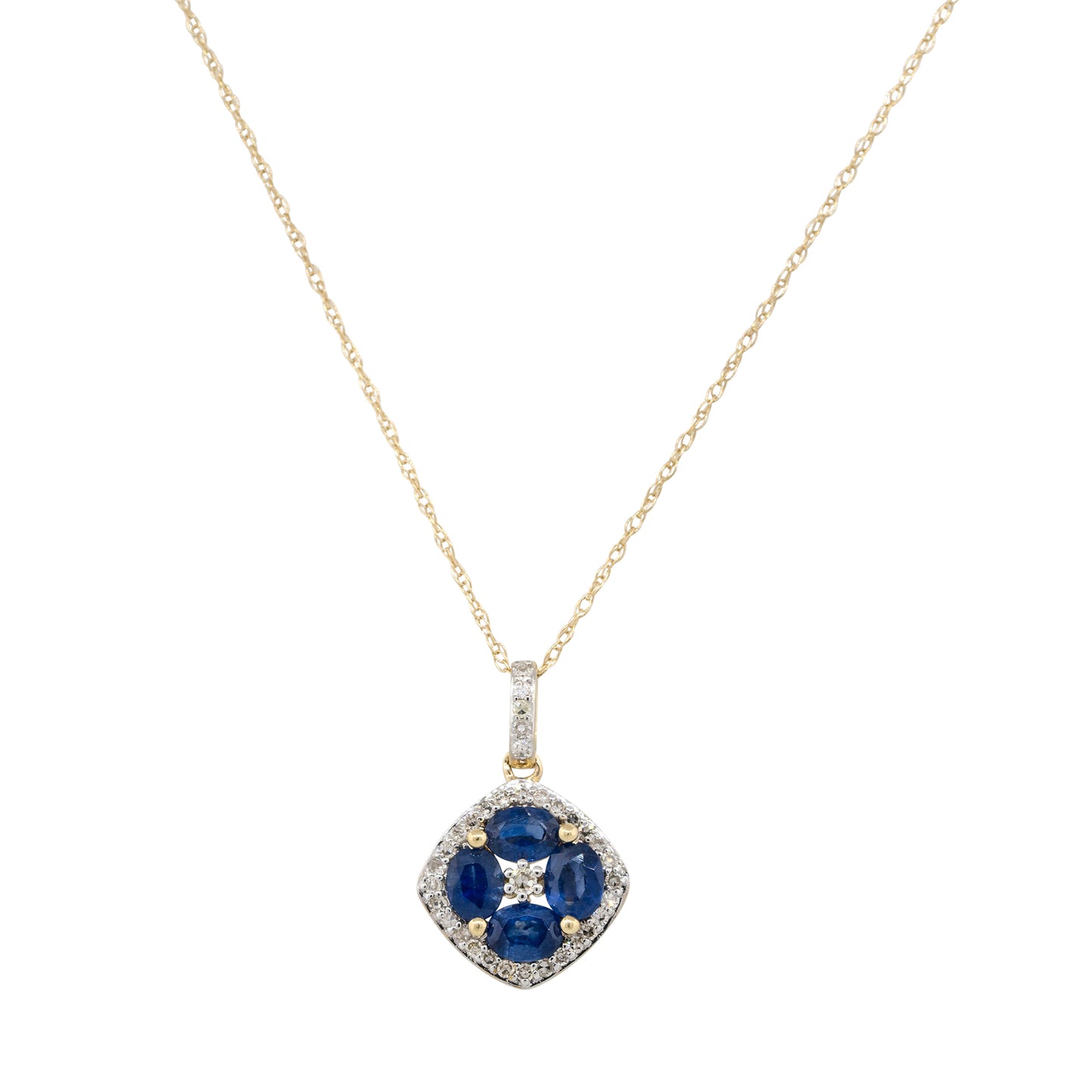 14k Yellow Gold Oval Sapphire Diamond Flower Pendant Necklace