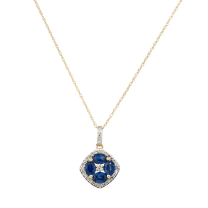 14k Yellow Gold Oval Sapphire Diamond Flower Pendant Necklace