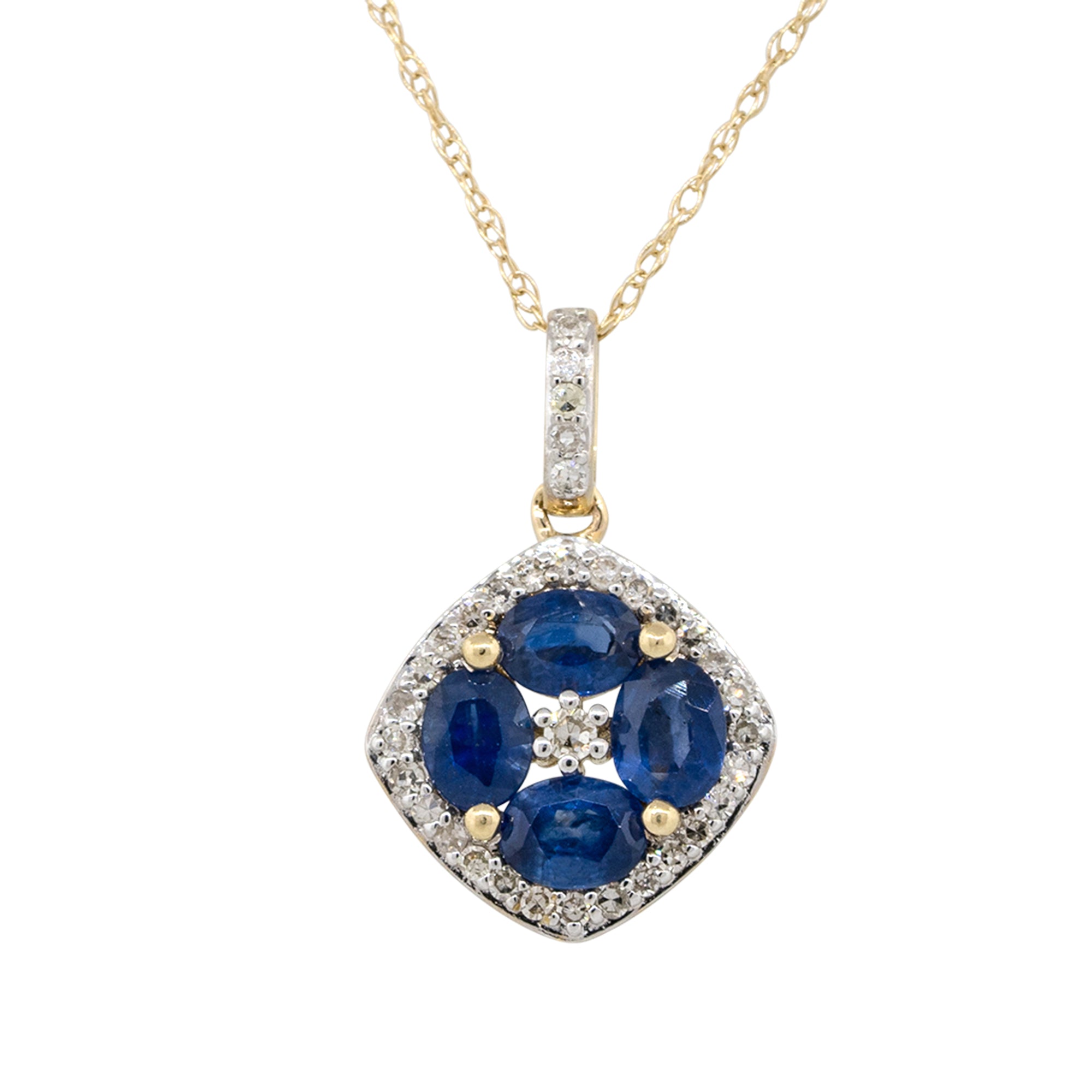 14k Yellow Gold Oval Sapphire Diamond Flower Pendant Necklace