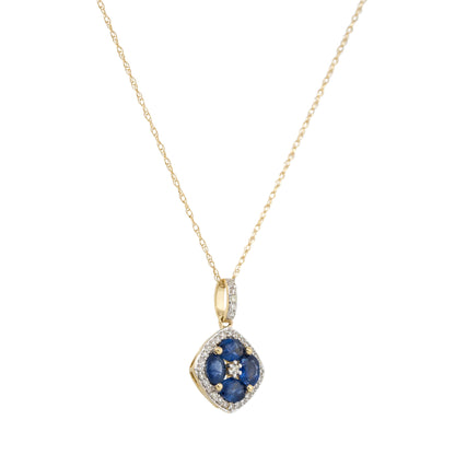 14k Yellow Gold Oval Sapphire Diamond Flower Pendant Necklace