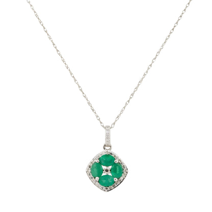 14k White Gold Oval Emerald Diamond Pendant Necklace