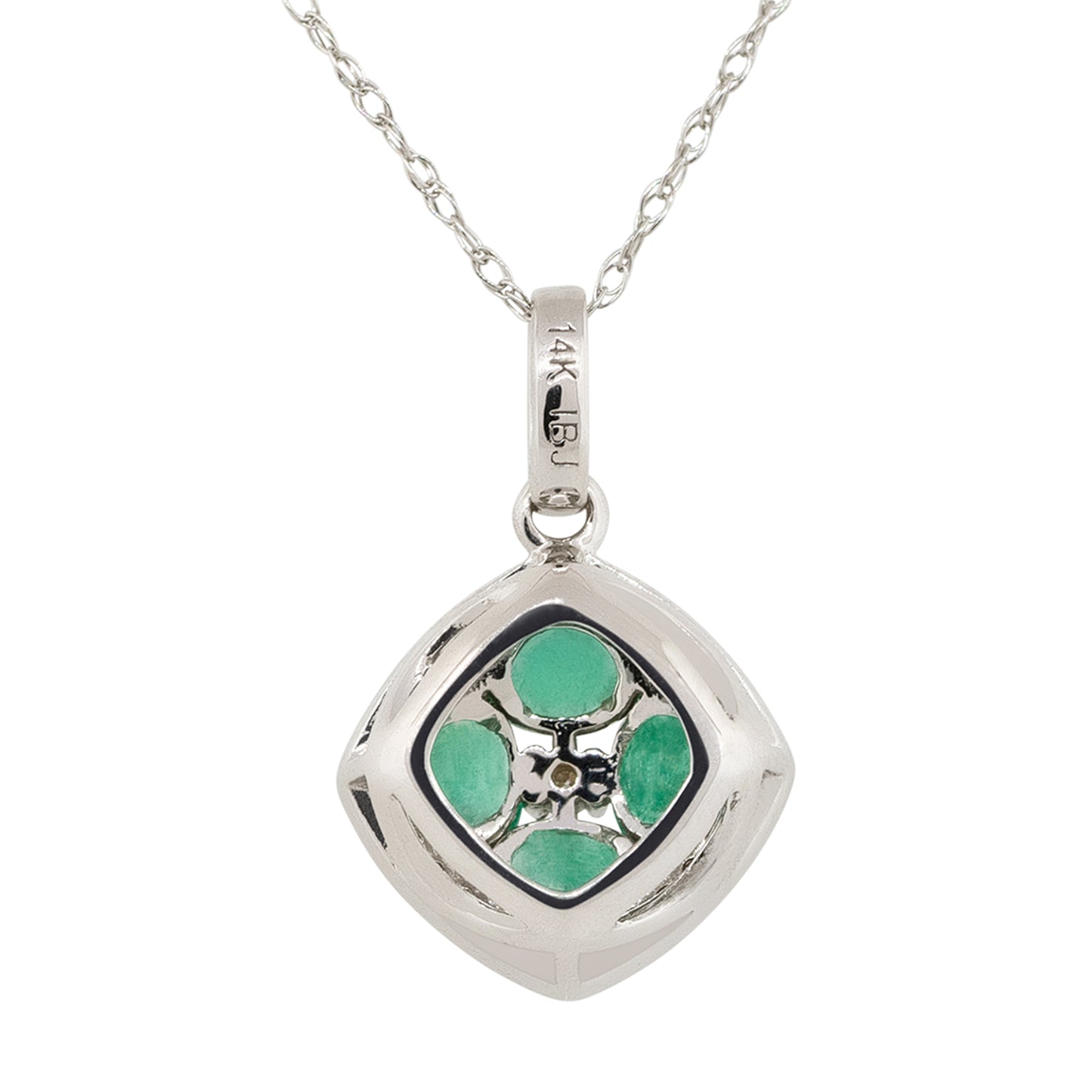 14k White Gold Oval Emerald Diamond Pendant Necklace