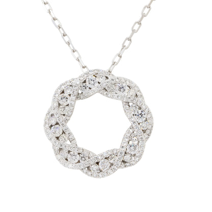 18k White Gold 0.81ctw Diamond Circular Pretzel Pave Pendant Necklace