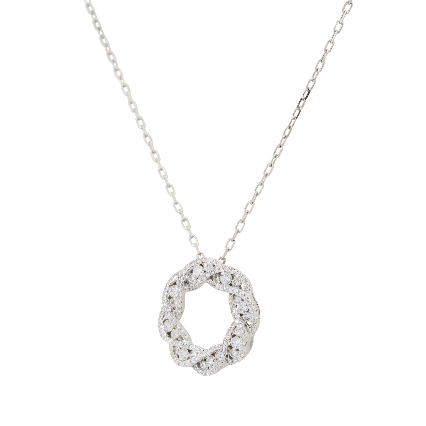 18k White Gold 0.81ctw Diamond Circular Pretzel Pave Pendant Necklace
