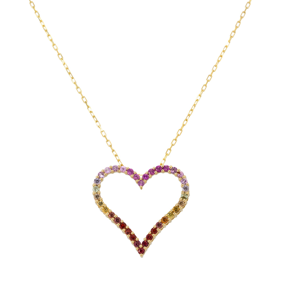 18k Yellow Gold Multi Color Sapphire Open Heart Pendant Necklace