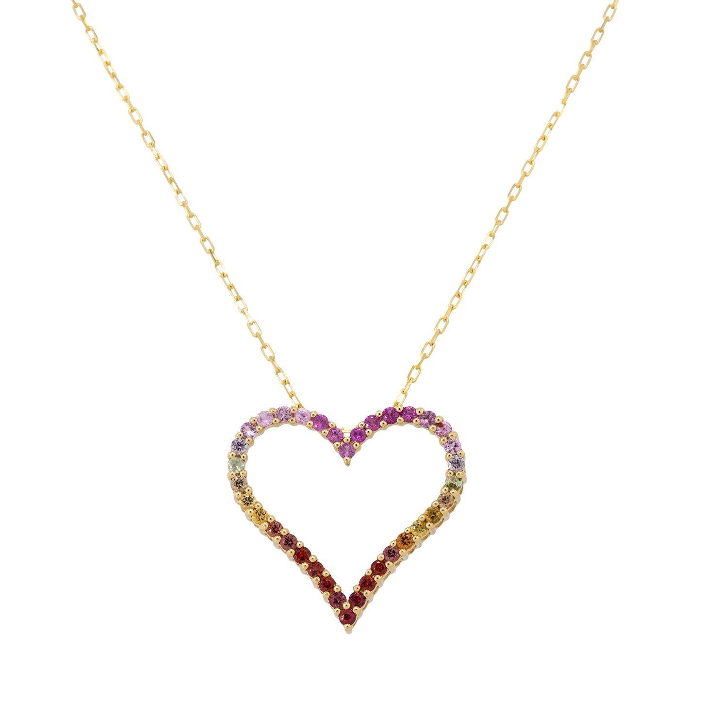 18k Yellow Gold Multi Color Sapphire Open Heart Pendant Necklace