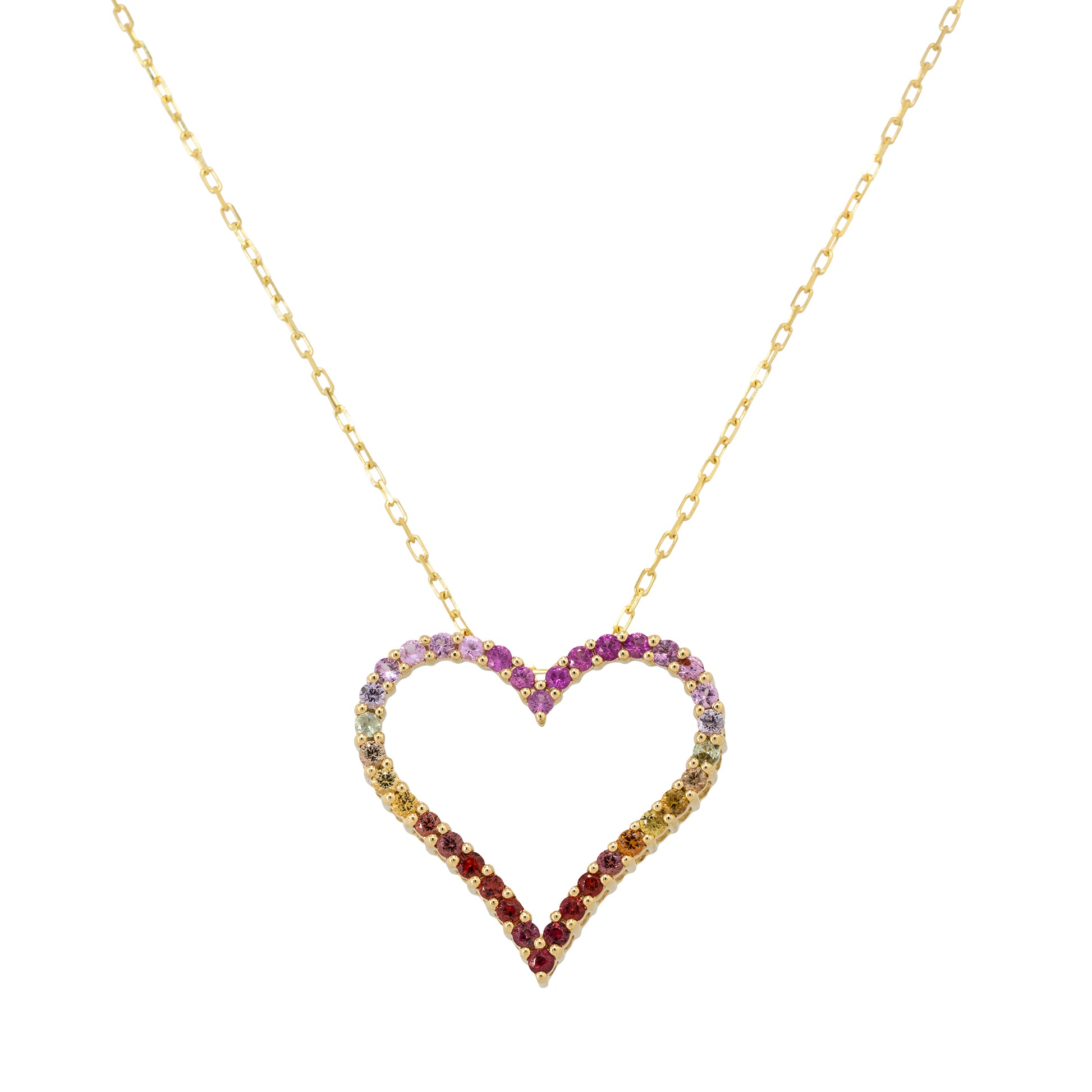 18k Yellow Gold Multi Color Sapphire Open Heart Pendant Necklace