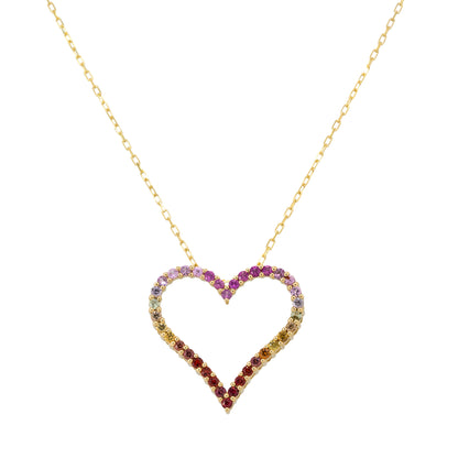 18k Yellow Gold Multi Color Sapphire Open Heart Pendant Necklace