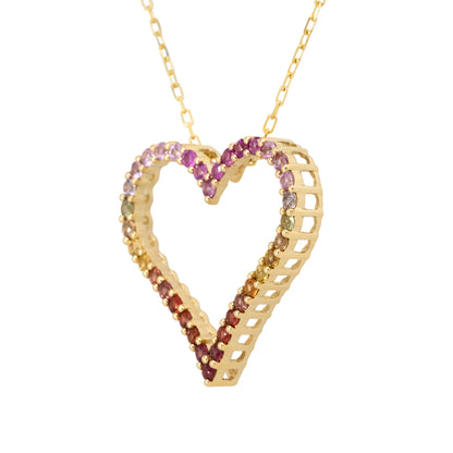 18k Yellow Gold Multi Color Sapphire Open Heart Pendant Necklace