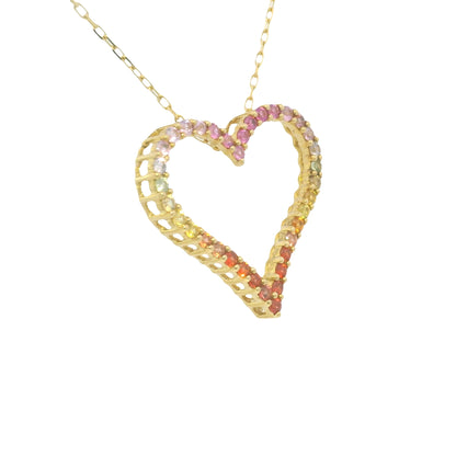 18k Yellow Gold Natural Multi-Color Sapphire Open Heart Pendant Necklace