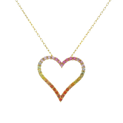 18k Yellow Gold Natural Multi-Color Sapphire Open Heart Pendant Necklace
