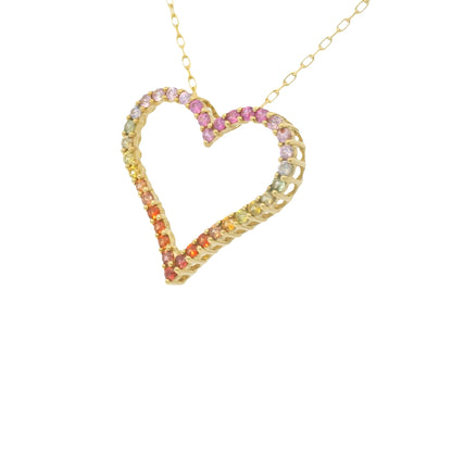 18k Yellow Gold Natural Multi-Color Sapphire Open Heart Pendant Necklace