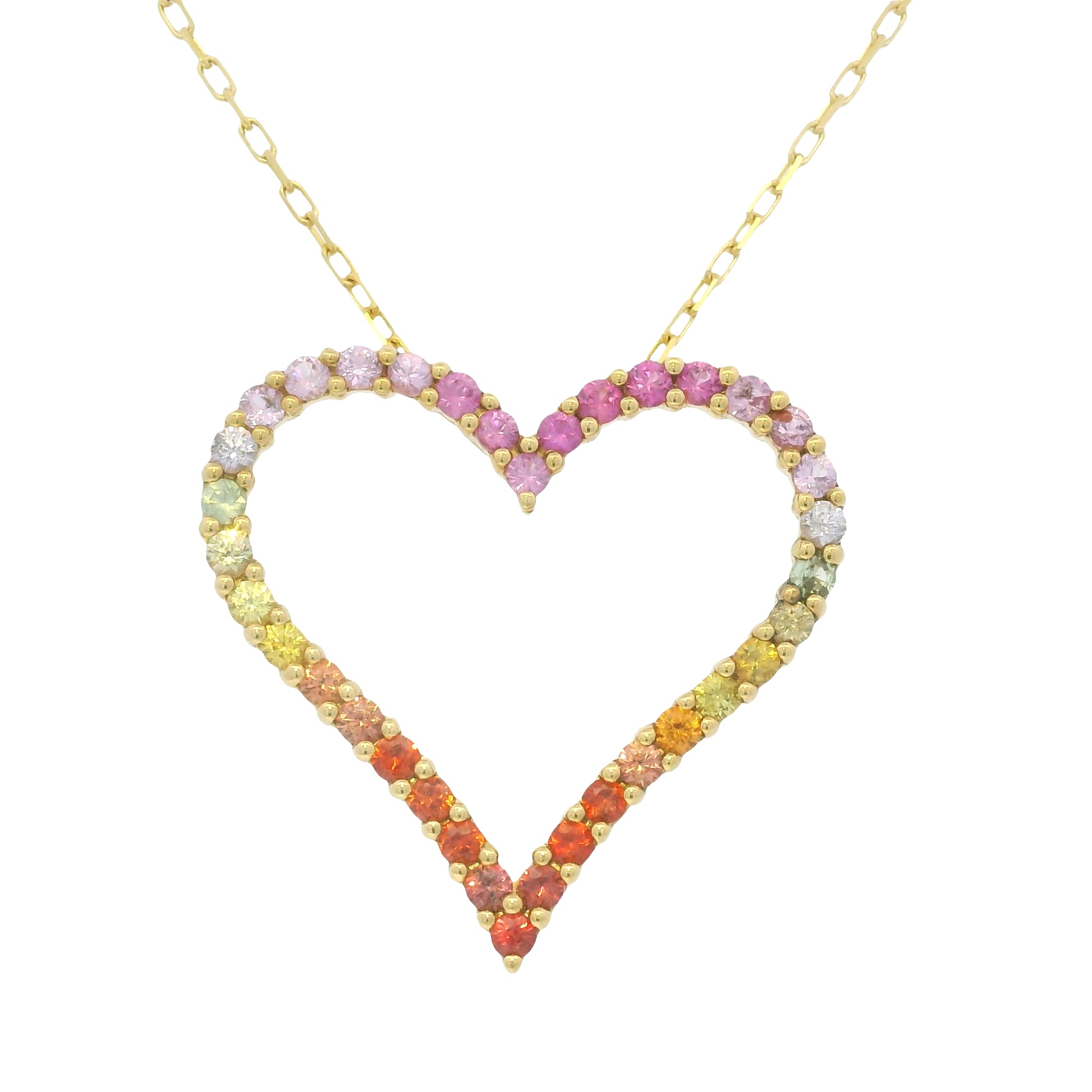 18k Yellow Gold Natural Multi-Color Sapphire Open Heart Pendant Necklace