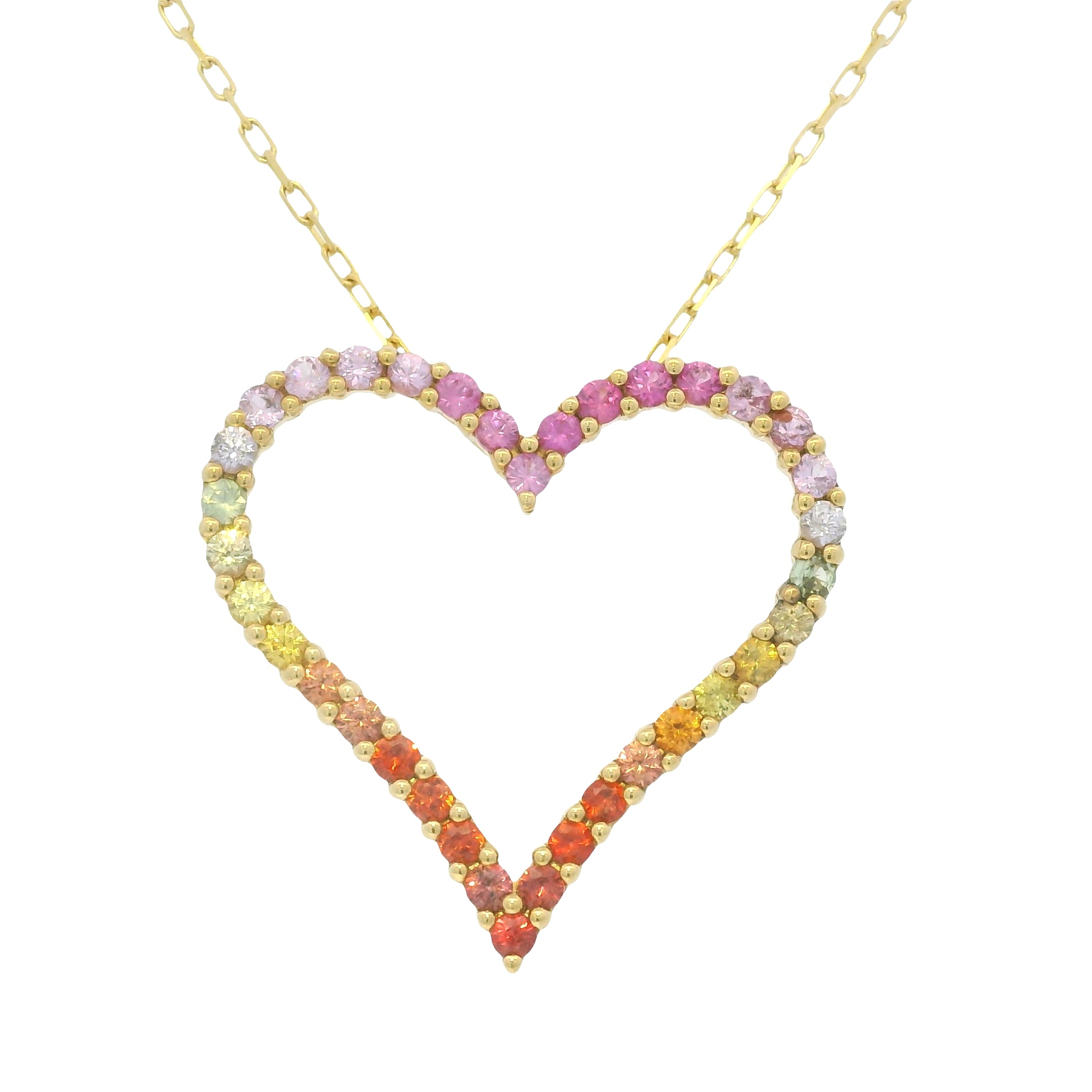 18k Yellow Gold Natural Multi-Color Sapphire Open Heart Pendant Necklace