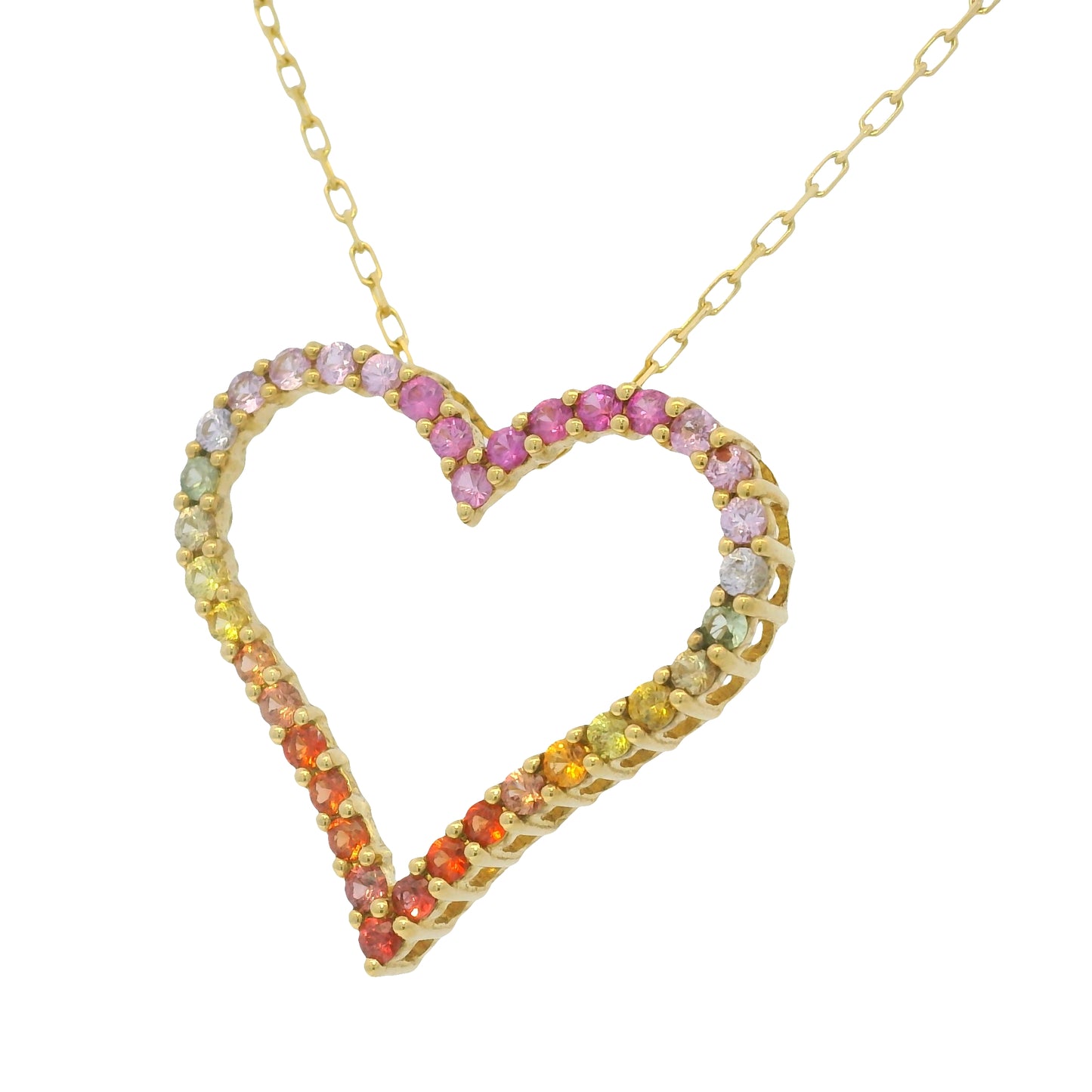 18k Yellow Gold Natural Multi-Color Sapphire Open Heart Pendant Necklace