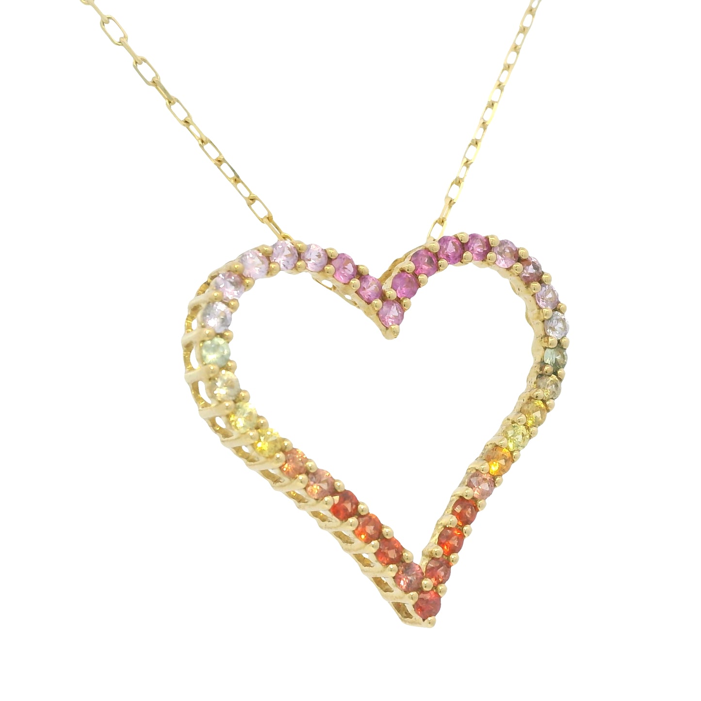 18k Yellow Gold Natural Multi-Color Sapphire Open Heart Pendant Necklace